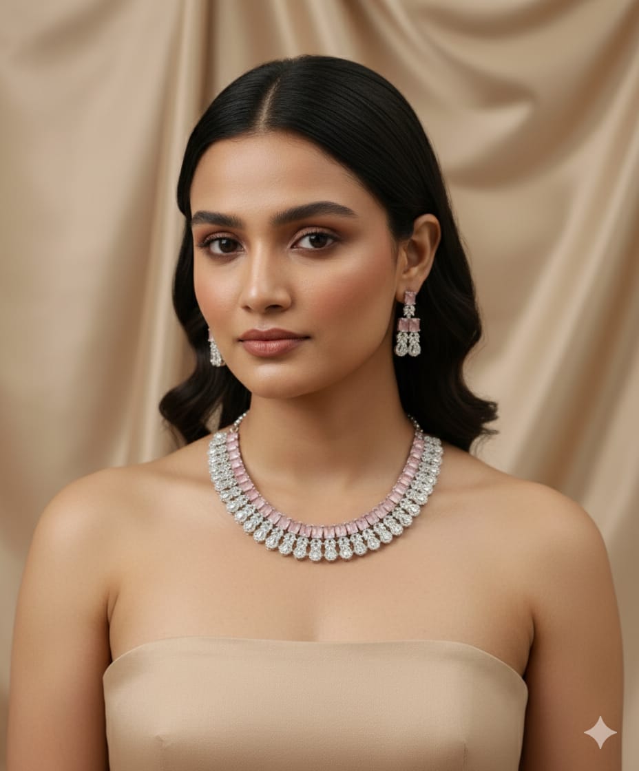 Pink Diamond Studded Necklace Set - Image 2